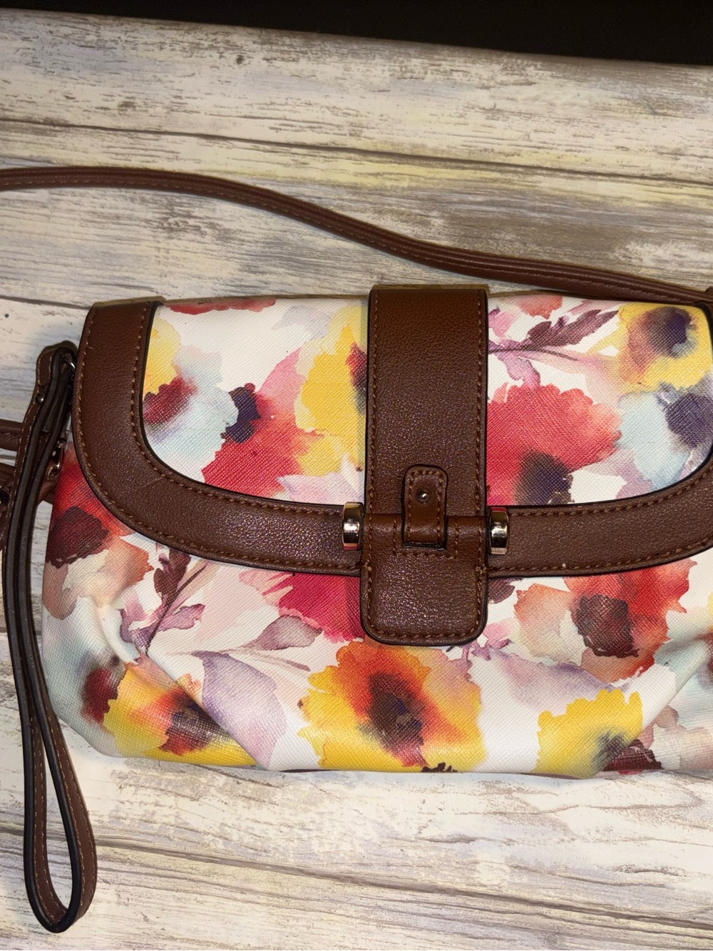Chaps Watercolor Floral Crossbody Bag in Red, Yellow, Pink and Brown